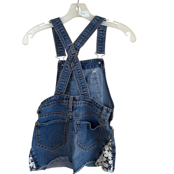 Jordache Blue and White Denim Overalls with Floral Panel M (7/8) - Picture 2 of 3